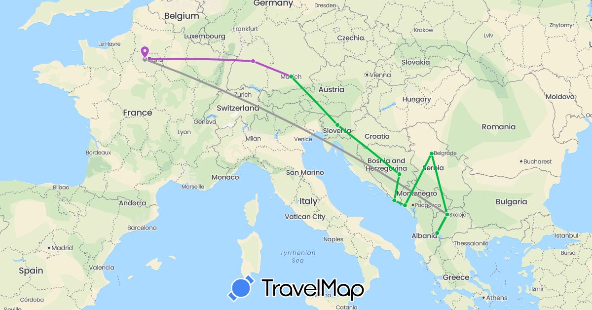 TravelMap itinerary: driving, bus, plane, train in Bosnia and Herzegovina, Germany, France, Croatia, Montenegro, Macedonia, Serbia, Slovenia (Europe)
